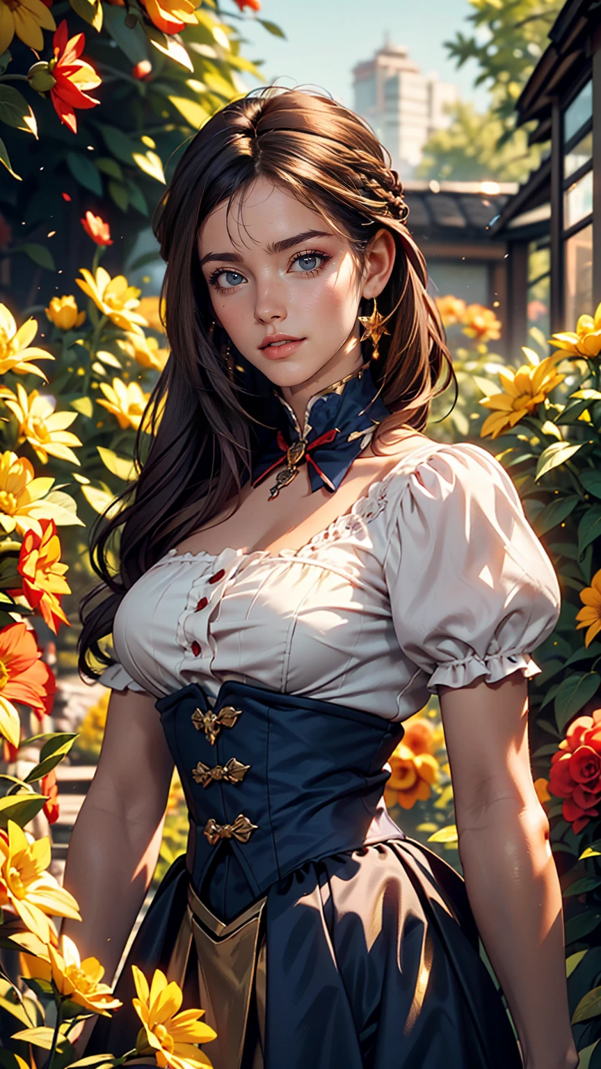 (Absurd, High resolution, Super detailed), masterpiece, Hinata(bolt), ((alone)), One girl,Medium chest, Long purple Victorian dress, Mouth closed, (((Long Hair))),Are standing, Bodice and skirt patterns, Frilled Skirt, race, Blinking blinking effect, (((Detailed lips))), garden, Pink and yellow flowers,  ((Realistic Skin)), Glowing Skin, ((Glossy Red Lips)), Purple eyes, Portraiture, beautiful, smile, (((Dark blue hair))), Bust Crop, Normal skin