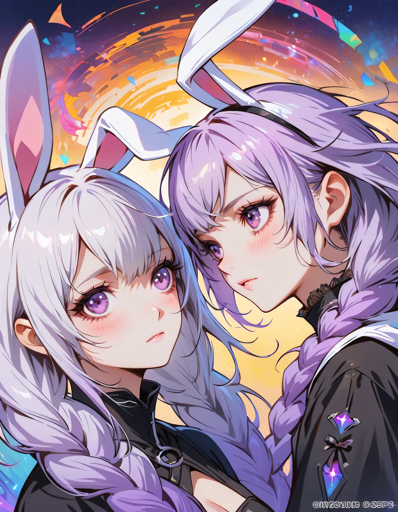 (masterpiece, best quality, official art, beauty, Gothic, Tokyo Ghoul style: 1.2), Very detailed, fractal art, Gorgeous, More detail, Zentangle, Atmospheric, cosmic, Psychedelic, dreamlike, fear, abstract background, A couple of lovers staring at each other, Rabbit Ears, yinji, purple hair, purple eyes, long hair, white hair, double braids, gradient hair, Japanese folk style clothing