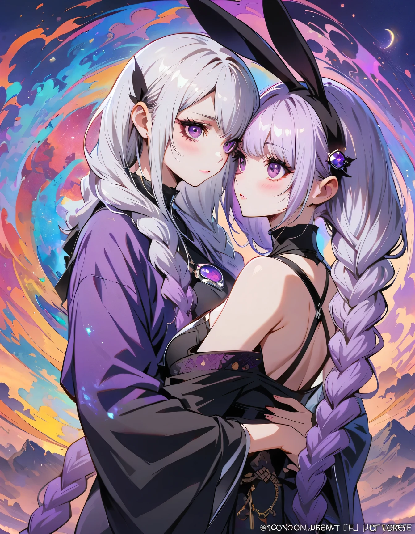 (masterpiece, best quality, official art, beauty, Gothic, Tokyo Ghoul style: 1.2), Very detailed, fractal art, Gorgeous, More detail, Zentangle, Atmospheric, cosmic, Psychedelic, dreamlike, fear, abstract background, A couple of lovers staring at each other, Rabbit Ears, yinji, purple hair, purple eyes, long hair, white hair, double braids, gradient hair, Japanese folk style clothing