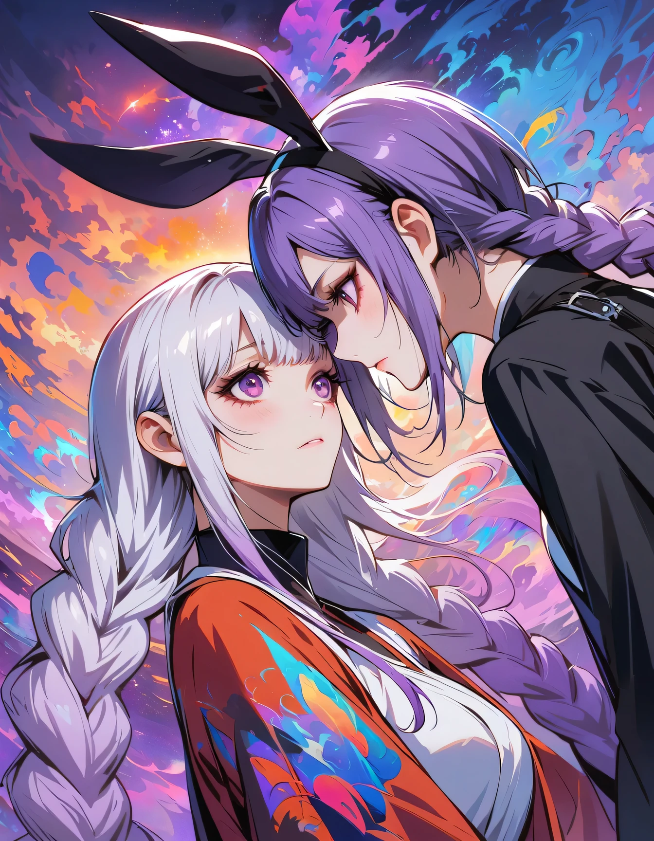 (masterpiece, best quality, official art, beauty, Gothic, Tokyo Ghoul style: 1.2), Very detailed, fractal art, Gorgeous, More detail, Zentangle, Atmospheric, cosmic, Psychedelic, dreamlike, fear, abstract background, A couple of lovers staring at each other, Rabbit Ears, yinji, purple hair, purple eyes, long hair, white hair, double braids, gradient hair, Japanese folk style clothing