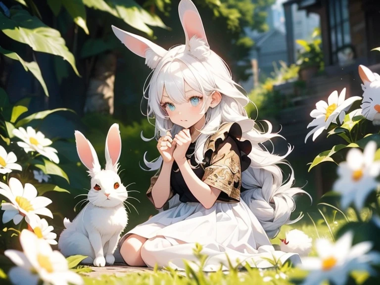 1female\((chibi:1.5),cute,kawaii,small kid,(white hair:1.4),(very long hair:1.6),bangs,(ear\(fluffy,white,rabbit-ear\):1.4),red eye,big eye,beautiful shiny eye,skin color white,big hairbow,(white frilled dress:1.3),breast,cute pose\),background\(some roses,by the beautiful lake,beautiful sunny day\),quality\(8k,wallpaper of extremely detailed CG unit, ​masterpiece,hight resolution,top-quality,top-quality real texture skin,hyper realisitic,increase the resolution,RAW photos,best qualtiy,highly detailed,the wallpaper,golden ratio\),((many rabbits))