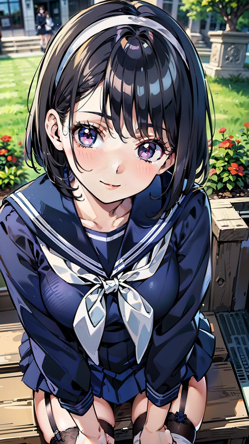 sailor uniform, One Woman, (A beauty woman, Delicate high school girl:1.3), 8K, highest quality, masterpiece, Very detailed, Ultra-high resolution, Realistic, RAW Photos, Absolute Resolution, Black Hair, Bobcut, Small face compared to body, Very small face, Black Hair, ((Navy blue sailor suit)), Navy Blue Skirt, High school girl in sailor suit, 2D Rendering of Anime, Realistic若いアニメの女子高生, , ((White headband)), Small breasts, tall, Slanted Eyes, Purple Eyes, Black Stockings, garter belt, Embarrassed smile, garden, (Take a photo with your smartphone:1.3), (Top-down position:1.3), blurry background,