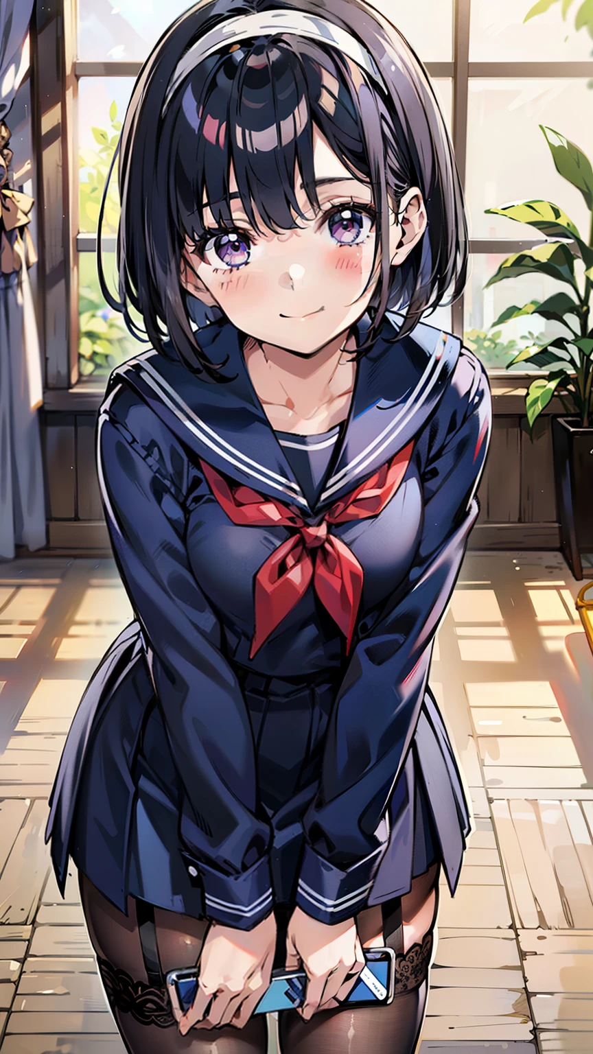 sailor uniform, One Woman, (A beauty woman, Delicate high school girl:1.3), 8k, highest quality, masterpiece, Very detailed, Ultra-high resolution, Realistic, RAW Photos, Absolute Resolution, Black Hair, Bobcut, Small face compared to body, Very small face, Black Hair, ((Navy blue sailor suit)), Navy Blue Skirt, High school girl in sailor suit, 2D Rendering of Anime, realistic young anime school girl, , ((White headband)), Small breasts, tall, Slanted Eyes, Purple Eyes, Black Stockings, garter belt, Embarrassed smile, garden, (Take a photo with your smartphone:1.3), (Top-down position:1.3), blurry background,