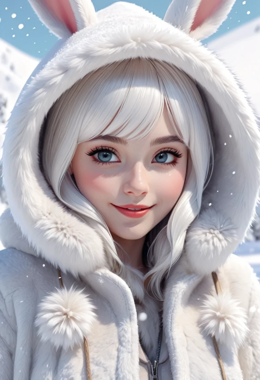 토끼 귀가 달린 흰색 후드 모피 코트를 입고 귀여운 백발 소녀, 겨울 설경 사진을 찍으며 하얀 눈 위에 서 있는 행복하고 활기찬 캐릭터를 가까이서 보세요( 완벽한 해부학적 구조 ) 아름답고 매우 미세한 질감，상세한, 밝은, 고화질 애니메이션 스타일