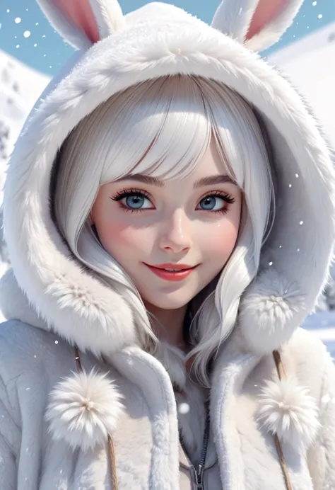 Cute white-haired girl wearing a white hooded fur coat with bunny ears, Close up of a happy and lively character standing on whi...
