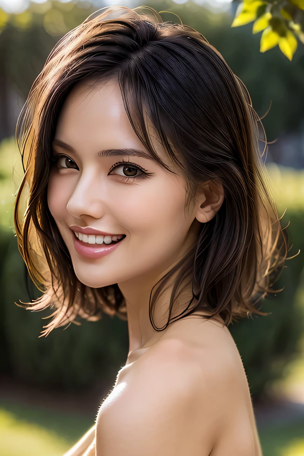 (8k, RAW Photos, highest quality, masterpiece, Realistic, Realistic), (1 female), (Ultimate beauty), Highly detailed face, (Perfect Teeth), Beautiful Eyes, double eyelid, eyelash, smile, Lip details, (Neat brunette bob), The light shines on your face, Big Breasts, ((Beige mini dress)), (front view), (background: none),  Background blur