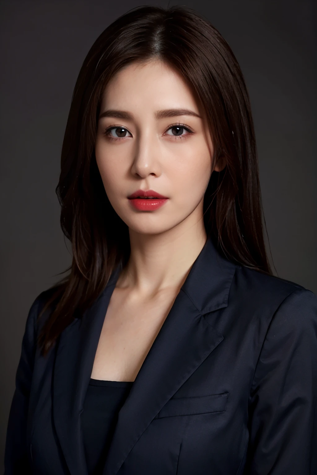 Tabletop, highest quality, Photorealistic, Very detailed, High resolution, 8k wallpaper, RAW Photos, Professional photography, 1 mature woman, (Red lips), ((Looking at the camera)), (Look forward), Upper Body, Straight medium hair, Symmetrical hair length, Navy Business Suit, Simple solid color background, Elegant upright posture seen from the front