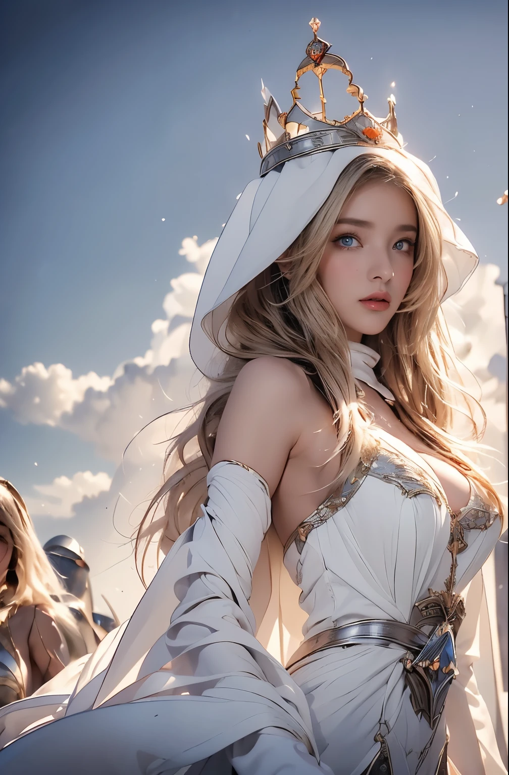 Elegant armor,princess, Full body, wearing a hijab , crown luxury , blue eye, blond hair, around 17 years old, (red silver hijab), tmasterpiece，Best quality at best，A high resolution，8K，((Portrait))，(upper body)，Original photo，real photograph，digital photography，(Female angel princess in the medieval fantasy style)，(Medieval angel princess in fantasy style), sexy princess ，blue eye， super colossal brest, pointy colossal breast extravagant ornament，cparted lips，Keep your mouth shuegant and charming，((Blushing))，virgin contempt，Calm and handsome，(Medieval fantasy dress，The Beautiful super huge pointy breast, small waist, perfect colossal breast of princess body, a blue delicate pattern，red Cloak)，(anhelic princess character medieval fantasy style，oc render reflection texture, sexy style,  sexy colossal breast , medieval castle background, slim body, very small waist, (erect nipples see trough dress) nipples see-through white long dress , super slim , sexy style, angel wings