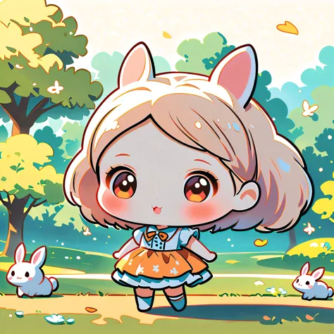 rabbit-like person, cute bunny woman, solitary, small, deformation, 2 heads, full body view, focus on the ears, forest and sprin...