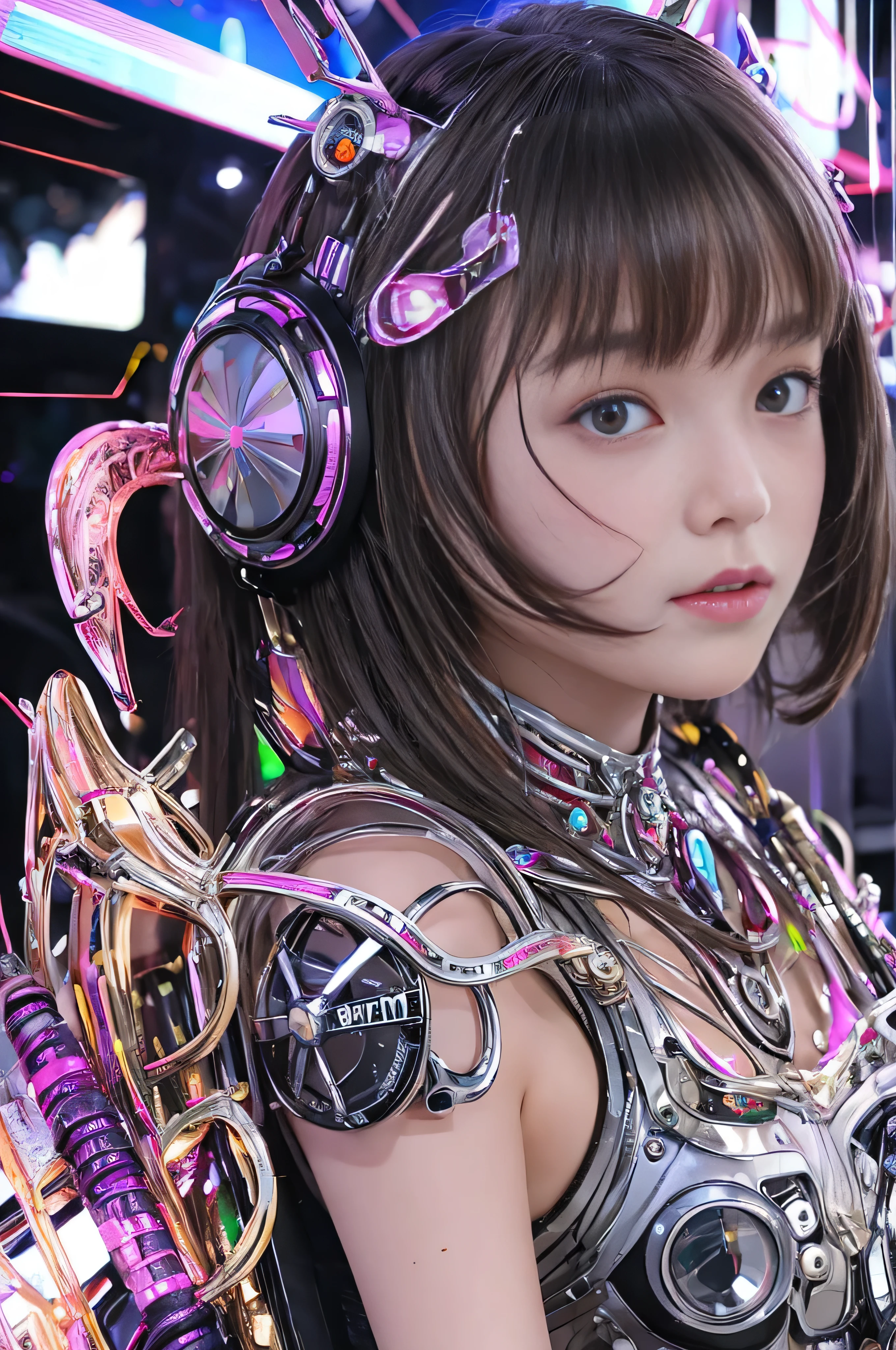 (RAW quality:1.4), highest quality, masterpiece, Ultra-high resolution, (Realistic: 1.4), RAW Photos, Mechanized girl 1 person, Japanese, 14 years old, Black Hair, Glowing Skin, 1. Mechanical Girl, (Ultra-Realistic Details)), Portraiture, Global Illumination, Shadow, Octane Rendering, 8k, Ultra Sharp, big, Bare skin exposed from cleavage, Metal, Intricate decorative details, Very intricate detail, Realistic Light, CGSoation Trend, Purple eyes, Glowing Eyes, To the camera, Neon Details, Mechanical Limbs, Blood vessels connected to tubes, Mechanical vertebrae attached to the back, Mechanical cervical attachment to the neck, Sitting, Wires and cables connected to the head, Gundam, Small LED Lamp,