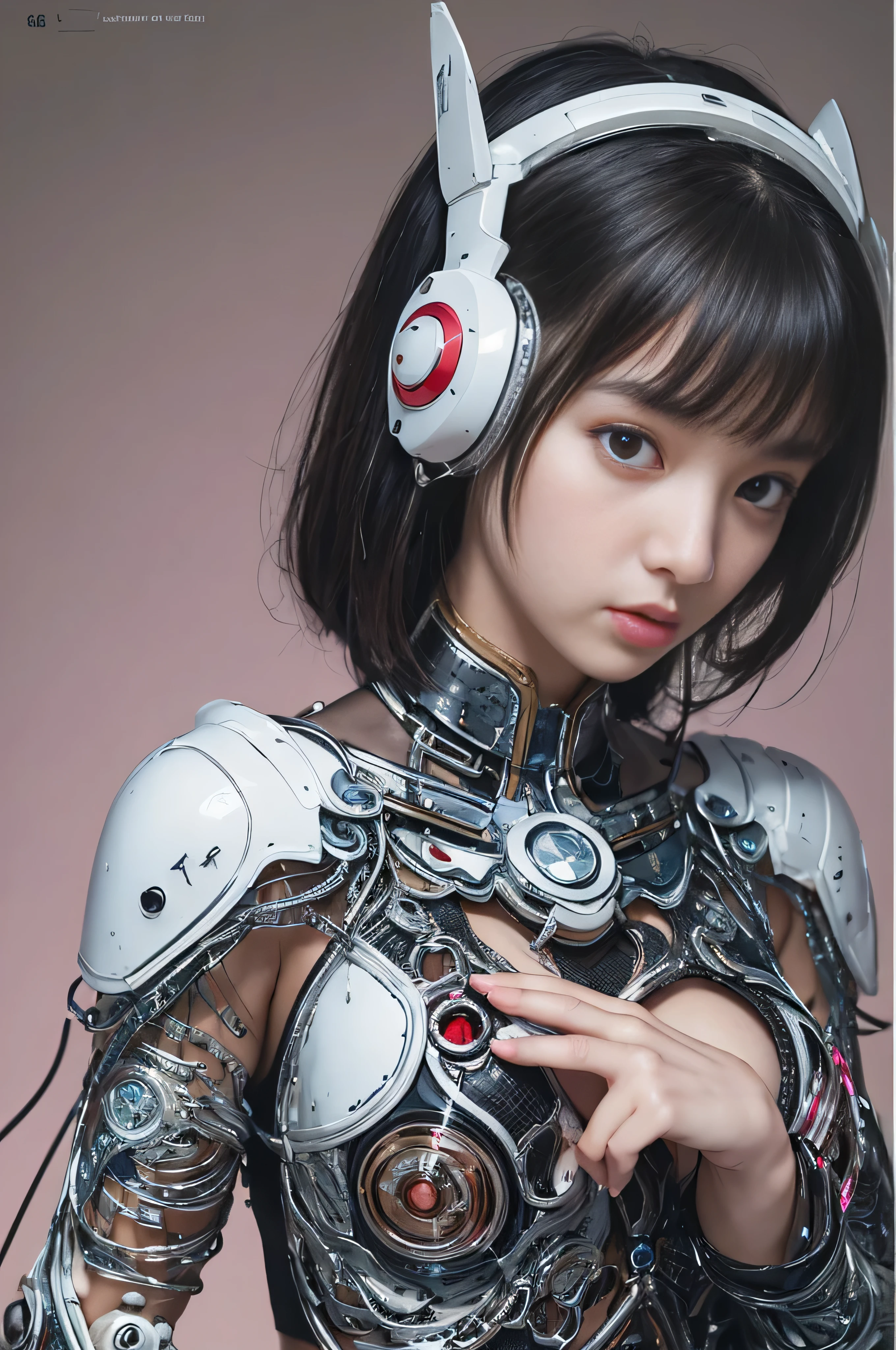 (RAW quality:1.4), highest quality, masterpiece, Ultra-high resolution, (Realistic: 1.4), RAW Photos, Mechanized girl 1 person, Japanese, 14 years old, Black Hair, Glowing Skin, 1. Mechanical Girl, (Ultra-Realistic Details)), Portraiture, Global Illumination, Shadow, Octane Rendering, 8k, Ultra Sharp, Huge Bust, Underboo Boo, Bare skin exposed from cleavage, Metal, Intricate decorative details, Very intricate detail, Realistic Light, CGSoation Trend, Purple eyes, Glowing Eyes, To the camera, Neon Details, Mechanical Limbs, Blood vessels connected to tubes, Mechanical vertebrae attached to the back, Mechanical cervical attachment to the neck, Sitting, Wires and cables connected to the head, Gundam, Small LED Lamp, Cowboy Shot,