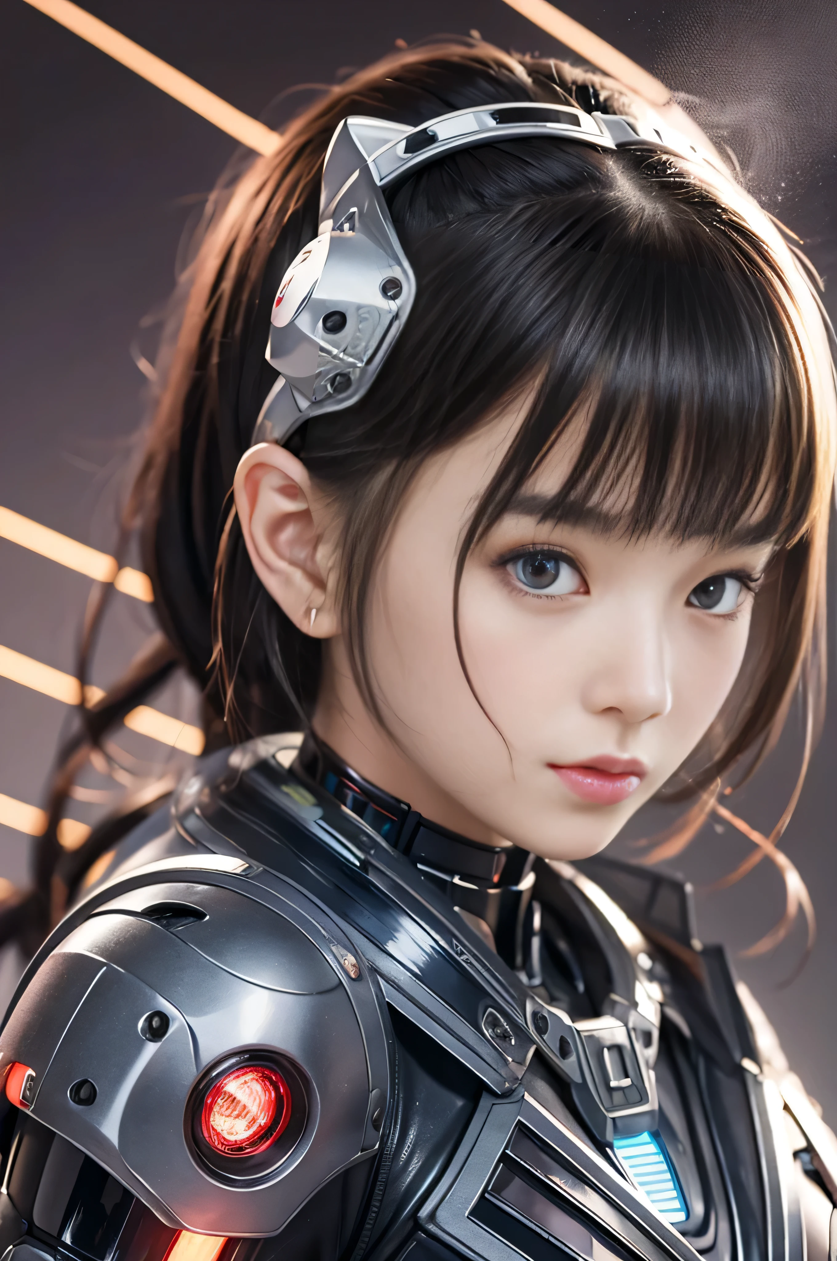 (RAW quality:1.4), highest quality, masterpiece, Ultra-high resolution, (Realistic: 1.4), RAW Photos, Mechanized girl 1 person, Japanese, 14 years old, Black Hair, Glowing Skin, 1. Mechanical Girl, (Ultra-Realistic Details)), Portraiture, Global Illumination, Shadow, Octane Rendering, 8k, Ultra Sharp, Huge Bust, Underboo Boo, Bare skin exposed from cleavage, Metal, Intricate decorative details, Very intricate detail, Realistic Light, CGSoation Trend, Purple eyes, Glowing Eyes, To the camera, Neon Details, Mechanical Limbs, Blood vessels connected to tubes, Mechanical vertebrae attached to the back, Mechanical cervical attachment to the neck, Sitting, Wires and cables connected to the head, Gundam, Small LED Lamp, Cowboy Shot,