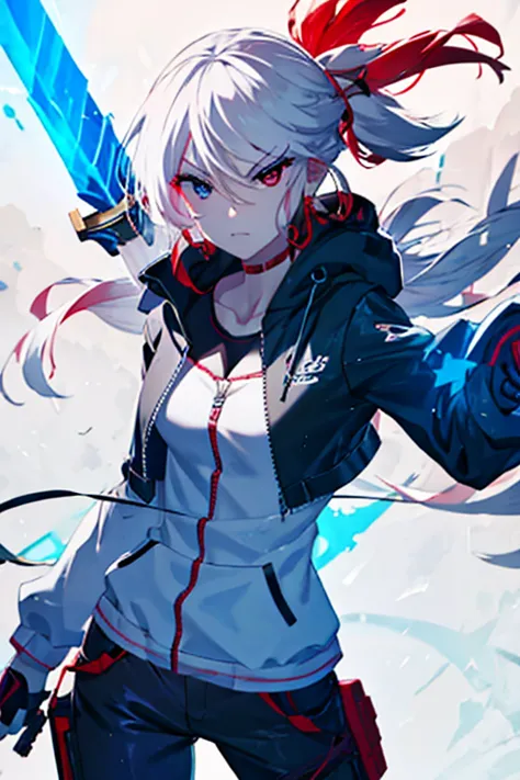 white hair, red eye, blue eye, anime girl with sword and sword in front of a background of blue and red, badass anime 8 k, best ...