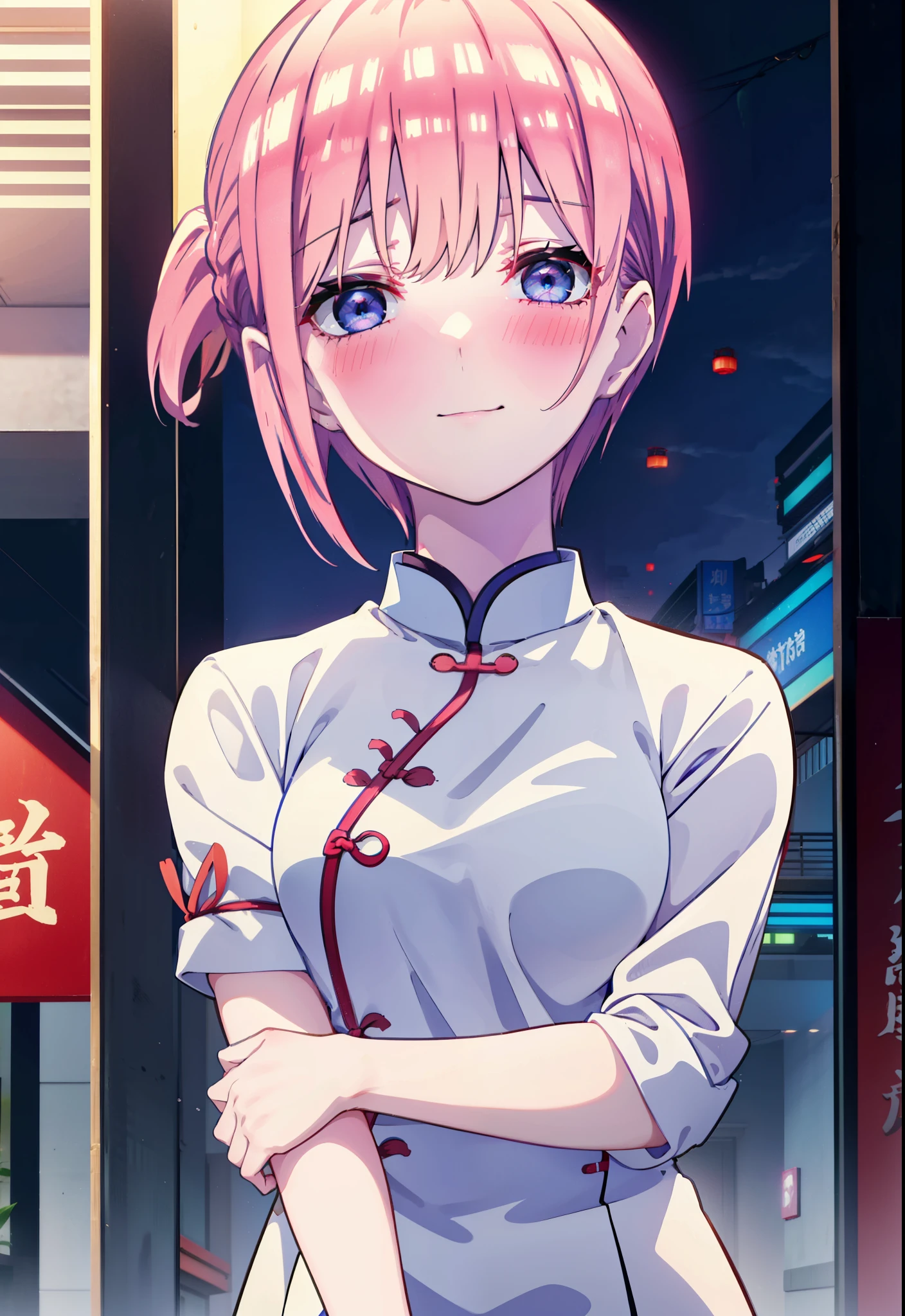 ichikanakano, ichika nakano, short hair, bangs, blue eyes, Hair between the eyes, Pink Hair, One side up, happy smile, smile, Open your mouth,blush,Open your mouth,White cheongsam,White long slit,Stiletto heels,Put your arms behind your back and look,To include nudity in the illustrations,
break ourdoors, Chinese-style cityscape,                           break looking at viewer, whole body,
break (masterpiece:1.2), highest quality, High resolution, unity 8k wallpaper, (shape:0.8), (Fine and beautiful eyes:1.6), Highly detailed face, Perfect lighting, Highly detailed CG, (Perfect hands, Perfect Anatomy),