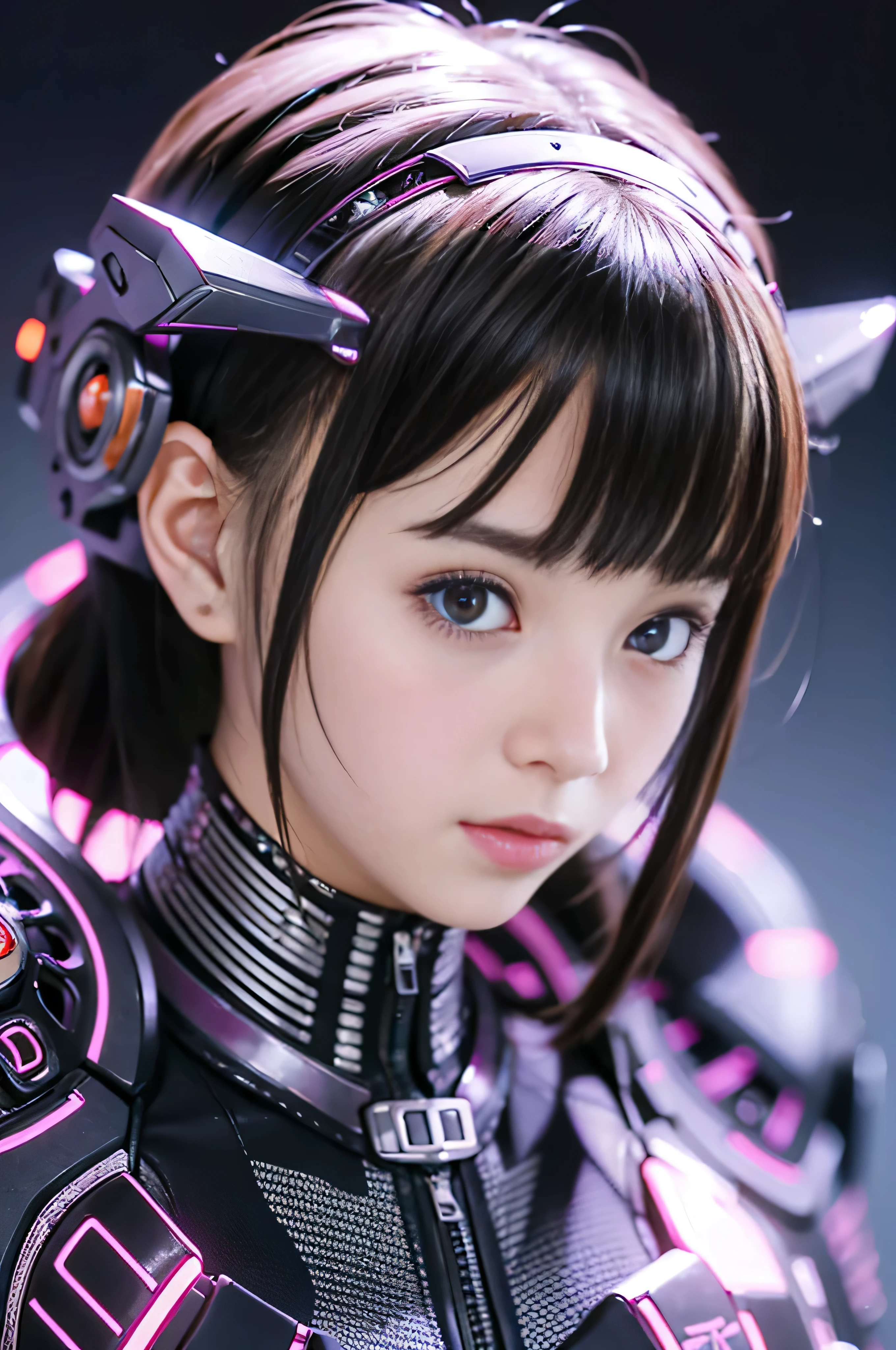 (RAW quality:1.4), highest quality, masterpiece, Ultra-high resolution, (Realistic: 1.4), RAW Photos, Mechanized girl 1 person, Japanese, 14 years old, Black Hair, Glowing Skin, 1. Mechanical Girl, (Ultra-Realistic Details)), Portraiture, Global Illumination, Shadow, Octane Rendering, 8k, Ultra Sharp, Huge Bust, Underboo Boo, Cleavage, Metal, Intricate decorative details, Very intricate detail, Realistic Light, CGSoation Trend, Purple eyes, Glowing Eyes, To the camera, Neon Details, Mechanical Limbs, Blood vessels connected to tubes, Mechanical vertebrae attached to the back, Mechanical cervical attachment to the neck, Sitting, Wires and cables that connect to the nipple, Gundam, Small LED Lamp, Cowboy Shot,