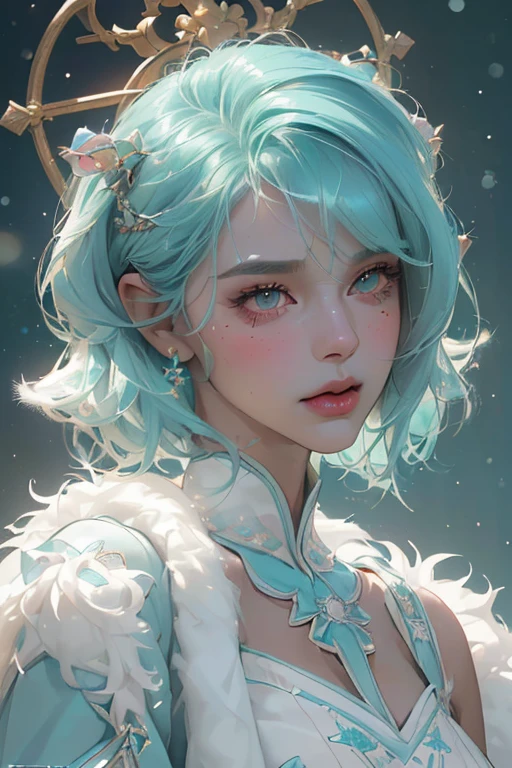 cute  Fairy,(((a bit ,tiny a bit body,a bit))),(((6 years old))),((anime Fairy  with extremely cute and beautiful aqua hair)), (((Fairy,Fairy ears))),

((Lesbian,lily)),(((Flat Chest))),((((aqua hair:1.35,undercut aqua hair,short hair,Inner hair color,Ear breathing)))),(((aqua_eye:1.3))),complicated eye,beautiful detailed eye,symmetrical eye,big eye:1.5,(((dark skin,dark_skin,lustrous skin:1.5,bright skin: 1.5,skin tanned,shiny skin,very shiny skin,Shiny body,plastic glitter skin,exaggerated shiny skin,illuminated skin))),(,Detailed body,(Detailed face)),

cute,Lewd,erotic,Bold,(((Browsing Caution))),

zettai ryouiki,Revealing clothing,show skin,(((Sexy aqua fur coat, aqua fur coat outfit, wearing a Ice Dress:1.3,aqua winter coat))), ((Ice Dress,elegant Ice Dress)),(White gloves,White clothes),(((complicated outfit,complicated clothes,Embroidered costume,Glamorous costumes,Embroidered clothes,Glamorous clothing))),

(Dynamic pose:1.0),Embarrassing,(Centered,Scale to fit dimensions,Three-part method),

internal,indoor,((Cozy Gothic Room)),scenery:1.25,((complicated scenery)),((Winter decorations)),

(Shiny Winter decorations),High resolution,Sharp focus,(Super detailed,Very detailed),(Photorealistic artwork:1.37),(Very detailed CG unity 8k wallpaper),(((Vibrant colors,Vibrant Themes))),(complicated),(masterpiece),(highest quality),Artistic photography,(Photography by sldr),(complicated background),perfectly rendered face,Perfect facial details,Realistic Face,Photorealistic,Analog Style,((complicated detail)),(((Realism))),