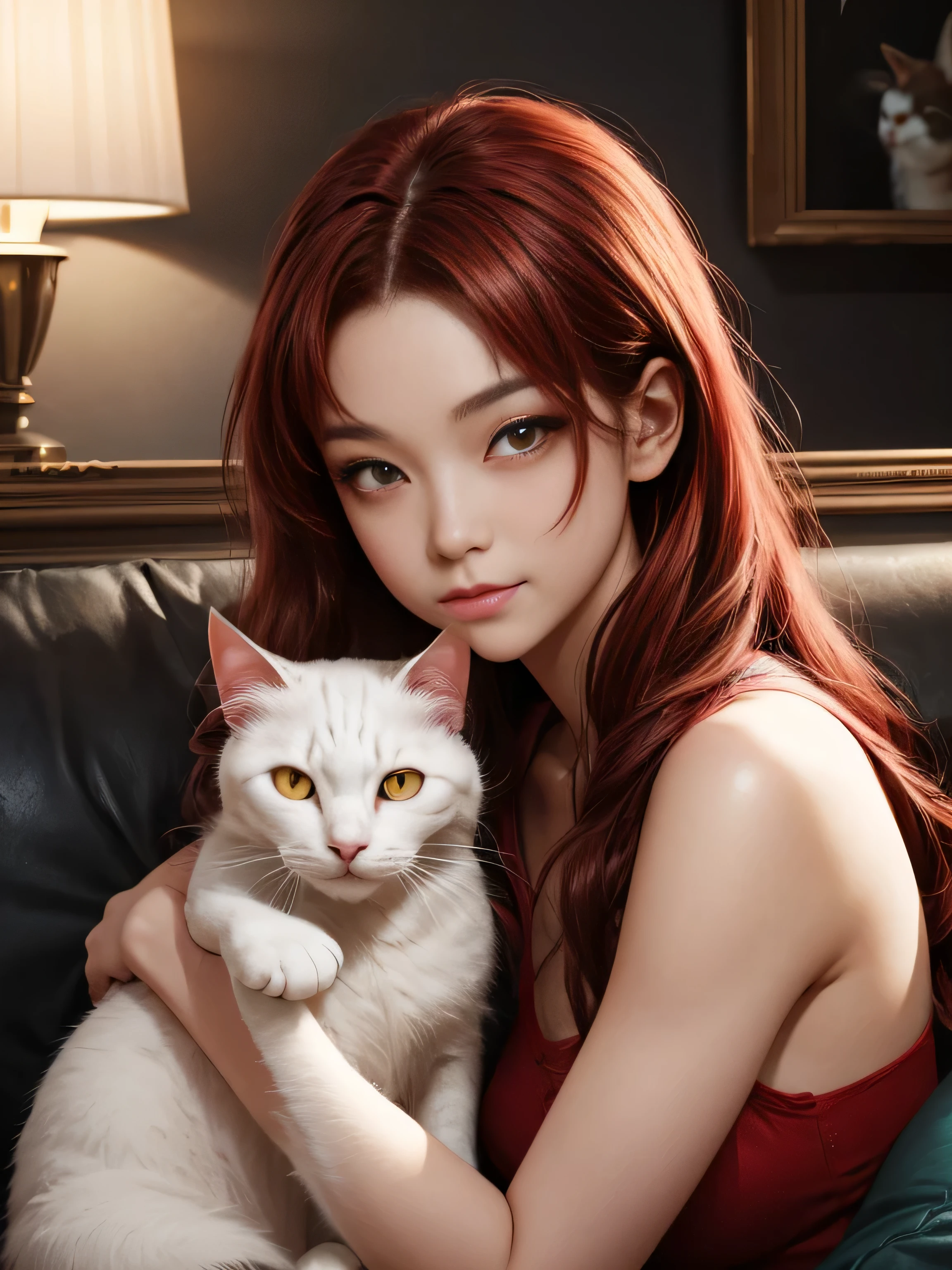 (คุณภาพดีที่สุด, 8ก, ผลงานชิ้นเอก, เอชดีอาร์, แสงนุ่มนวล, ภาพที่สมบูรณ์แบบ, เหมือนจริง, สดใส) anime - style woman with red hair and แมว sitting on a couch, attractive แมว สาว, สีขาว แมว สาว, ruan jia and เชื้อโรคอาร์ทีเอ็ม, style เชื้อโรคอาร์ทีเอ็ม, เชื้อโรคอาร์ทีเอ็ม and ruan jia, beautiful young แมวสาว, ไอจีโมเดล | เชื้อโรคอาร์ทีเอ็ม, สีขาว ( แมว ) สาว, กำลังมาแรงบน cgstation, very beautiful cute แมวสาว, แมวสาว, ร่างกายของผู้หญิงที่สมบูรณ์แบบ, สายตามองไปที่กล้อง (มีผมสีแดงยาว, เรียบยาว, หน้าผาก, รอยยิ้ม, มีเสน่ห์, ภาพตัวละครอนิเมะเป็นแรงบันดาลใจ) ความแตกต่างของสี, ความชัดลึก, เงาอันน่าทึ่ง, เรย์ เทรซซิ่ง, คุณภาพดีที่สุด, CG ที่มีรายละเอียดสูง, 8ก wallpaper, นางแบบ, [ย้อมผมอย่างระมัดระวัง [อ่านเพิ่มเติมเกี่ยวกับผมสวยและเป็นเงางาม]] ,(รายละเอียดมือที่สมบูรณ์แบบ [ นิ้วสวยไม่มีแตกหัก [เล็บสวย]],(กายวิภาคศาสตร์ที่สมบูรณ์แบบ (สัดส่วนที่สมบูรณ์แบบ)) [[มีลักษณะคล้ายร่างกายทั้งหมด]],[การประสานสีที่สมบูรณ์แบบ (การจำลองปฏิกิริยาระหว่างแสงและวัสดุอย่างแม่นยำ)], [วิจิตรศิลป์, ถ่ายทอดความหมายของเรื่องราว]