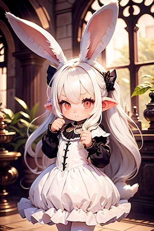1female\((chibi:1.5),cute,kawaii,small kid,(white hair:1.4),(very long hair:1.6),bangs,(ear\(fluffy,white,rabbit-ear\):1.4),red eye,big eye,beautiful shiny eye,skin color white,big hairbow,(white frilled dress:1.3),breast,cute rabbit pose\),background\(some roses,by the beautiful lake,beautiful sunny day\),quality\(8k,wallpaper of extremely detailed CG unit, ​masterpiece,hight resolution,top-quality,top-quality real texture skin,hyper realisitic,increase the resolution,RAW photos,best qualtiy,highly detailed,the wallpaper,golden ratio\)