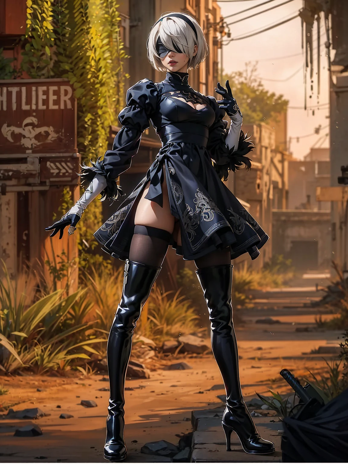 2B, 1girl, solo, short hair, thighhighs, gloves, long sleeves, dress, holding, cleavage, medium breasts, standing, full body, weapon, white hair, hairband, boots, puffy sleeves, sword, black thighhighs, black footwear, holding weapon, mole, black dress, high heels, leotard, clothing cutout, thigh boots, holding sword, cleavage cutout, katana, black hairband, juliet sleeves, mole under mouth, facing viewer, high heel boots, blindfold, covered eyes, black blindfold, feather-trimmed sleeves, masterpiece, 