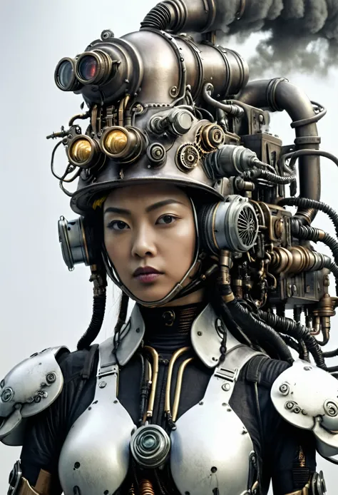 ohwx japanese women, a steam punk cyborg, front view, white background, unreal engine, inspired by HR Giger, half body portrait,...