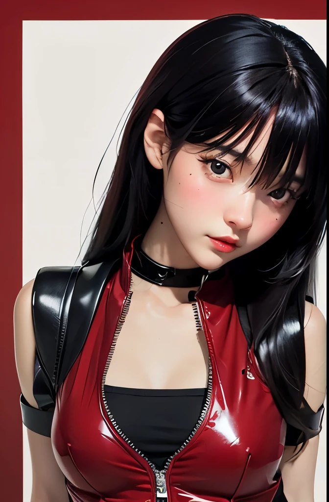digital art drawing, illustration of (anime girl, long black hair with bangs, brown eyes, flat chest, confident look, black and red latex suit, tactical vest), anime drawing/art, bold linework, illustration, digital art, masterpiece, flat illustration, no shadows, 8k resolution, high detail, vector art, only anime, perfect eyes, perfect hands, perfect fingers, sharpness, high clarity, medium close up, high fidelity

