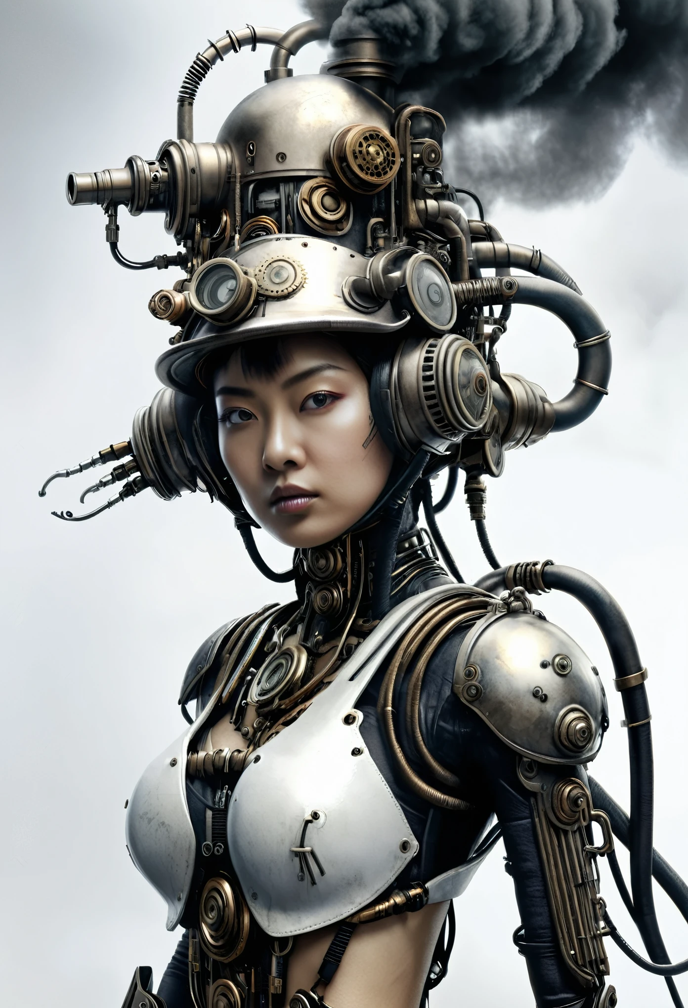 ohwx mujeres japonesas, un cyborg punk de vapor, vista frontal, Fondo blanco, Motor irreal, Inspirado por HR Giger, retrato de medio cuerpo, muy detallado, foto realista, cinematográfico, película fija, capturado al estilo de la cámara Sony Alpha A7 III