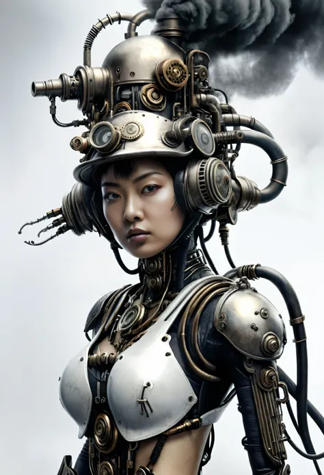ohwx japanese women, a steam punk cyborg, front view, white background, unreal engine, inspired by HR Giger, half body portrait,...