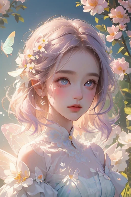 ultra-detailed,(highest quality, masterpiece), One girl, Pause, particle, Wind, flower, bust, Pastel color scheme, Looking at the audience, flower Fairy, forest, butterfly, Delicate facial features,symmetrical eyes, beautiful eyes