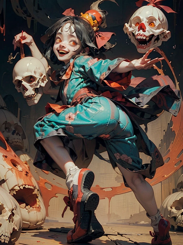 (Brutal horror、Dark and spooky atmosphere)、White and blue outfit、Cute Smile、Mysterious and unsettling atmosphere、A terrifying moment、Unforgettable、Cute ass、Smiling clown、bright red nose、Open costume、Striped shirt、Big shoes、Enthusiastic atmosphere、Mischievous Smile、Expressive gestures、Comical movement、Written by Hirohiko Araki、Ukiyo-e、
