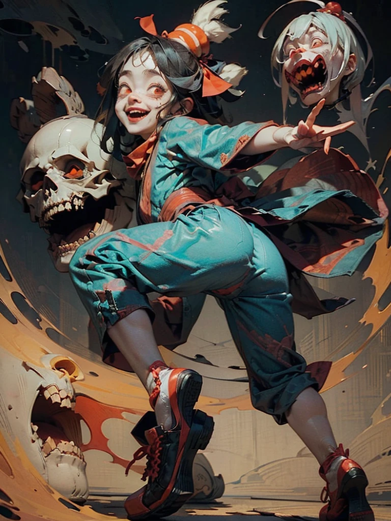 (Brutal horror、Dark and spooky atmosphere)、White and blue outfit、Cute Smile、Mysterious and unsettling atmosphere、A terrifying moment、Unforgettable、Cute ass、Smiling clown、bright red nose、Open costume、Striped shirt、Big shoes、Enthusiastic atmosphere、Mischievous Smile、Expressive gestures、Comical movement、Written by Hirohiko Araki、Ukiyo-e、
