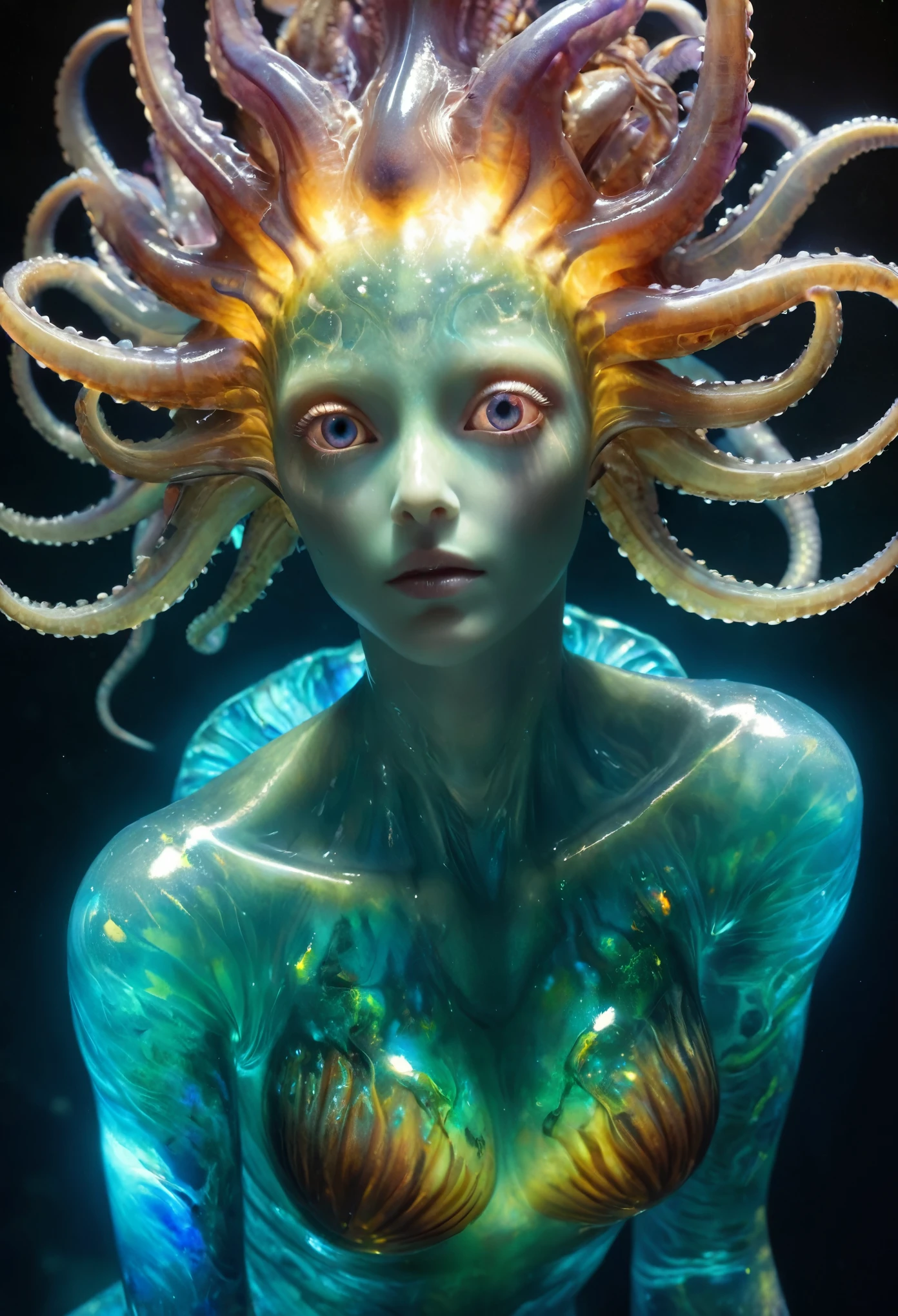 (mejor calidad,4k,alta resolución,Obra maestra:1.2),ultra detallado,(Realista,photoRealista:1.37), (1 hermosa extraterrestre parecida a una medusa que tiene 18 años:1.8), submarino, colores vibrantes, bioluminiscencia, surreal, grotesque, Hermosos ojos detallados, labios detallados, piel viscosa, tentáculos, patrones intrincados, criatura extraordinaria, anatomía única, Medio ambiente oceánico, dark abyss, desconcertante, misterioso, obsesionante, Misterioso, Fantasía, belleza híbrida, etéreo, iluminación encantadora, Con fascinantes marcas brillantes iridiscentes que adornan su cuerpo., las complejidades de sus partes de tentáculo resaltan los ricos colores y la hermosa luz suave. Las vastas aguas abiertas sirven como un vívido telón de fondo., permitiendo que el pulpo se empape de cada detalle, mostrando sus formas absurdas y complejas con una calidad incomparable. (Realista, hyper-Realista:1.5), golpes gruesos, (hermosos ojos de ópalo súper detallados:1.8), sonriendo seductoramente, (sin maquillaje:1.7), (Exoesqueleto con bonito diseño de nautilus:1.8), piel pálida y blanca con venas visibles, hermosos pezones, pintura facial con diseño de nautilus,