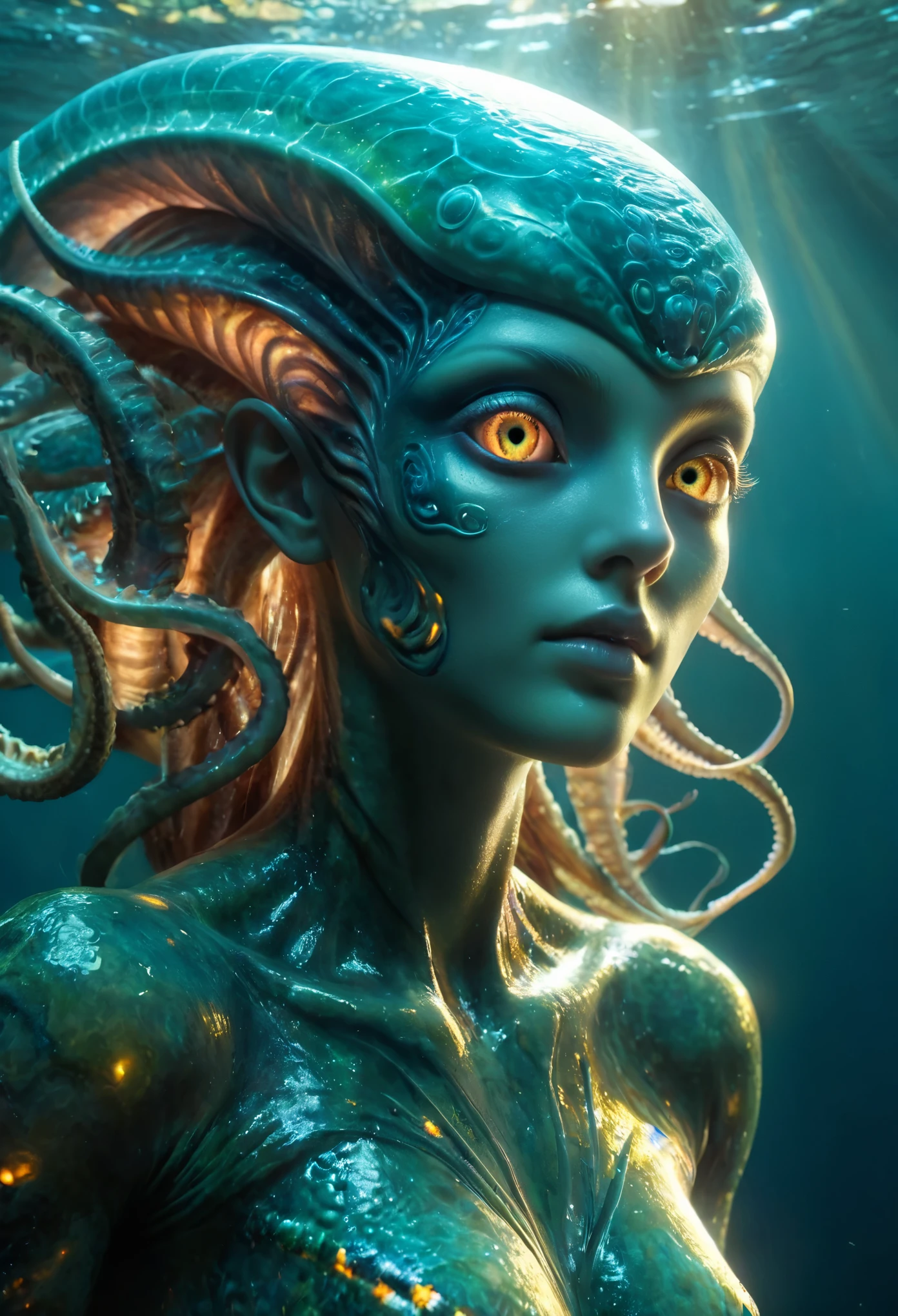 (best quality,4k,highres,masterpiece:1.2),ultra-detailed,(realistic,photorealistic:1.37), (1 beautiful medusa-like female alien who is 18yo:1.8), underwater, vibrant colors, bioluminescence, surreal, grotesque, beautiful detailed eyes, detailed lips, slimy skin, tentacles, intricate patterns, extraordinary creature, unique anatomy, ocean environment, dark abyss, mystifying, mysterious, haunting, eerie, fantasy, hybrid beauty, ethereal, enchanting lighting, With mesmerizing iridescent glowing markings adorning its body, the intricacies of its tentacle parts highlight the rich colors and beautiful soft light. The vast open waters serve as a vivid backdrop, allowing the octopus to soak in every detail, showcasing its Absurd and complex shapes in unparalleled quality. (realistic, hyper-realistic:1.5), thick eyeblows, (superdetailed beautiful opal eyes:1.8), smiling seductively, (no make-up:1.7), (Exoskeleton with beautiful nautilus design:1.8), pale and white skin with visible veins, beautiful nipples, facee paint with nautilus design,