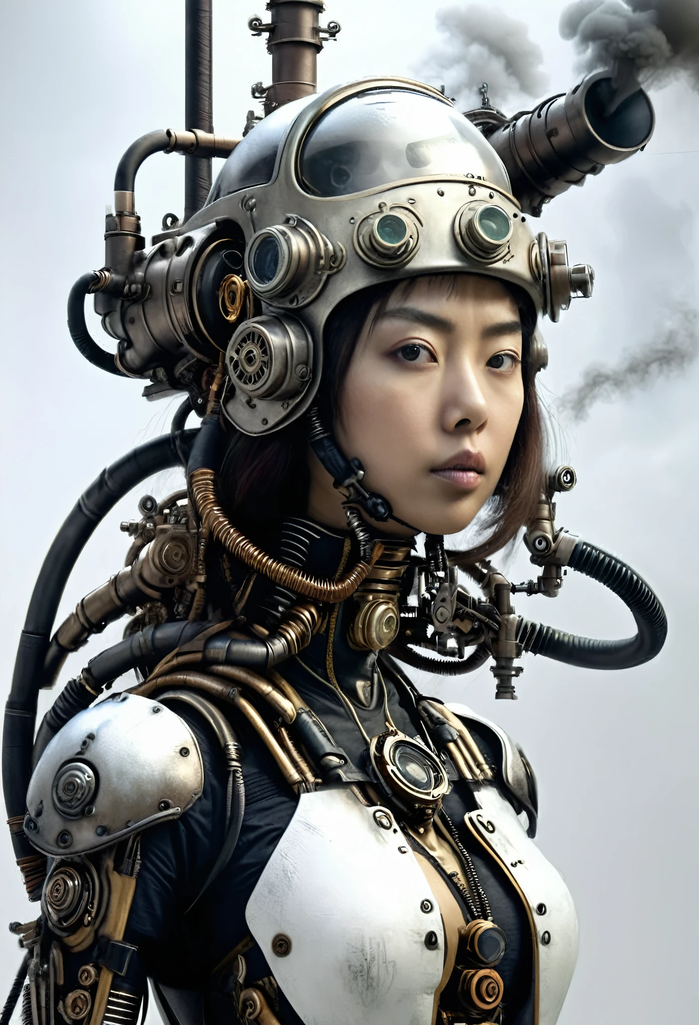 ohwx japanese women, a steam punk cyborg, front view, white background, unreal engine, inspired by HR Giger, half body portrait, highly detailed, photo realistic, cinematic, movie still, captured in the style of Sony Alpha A7 III camera