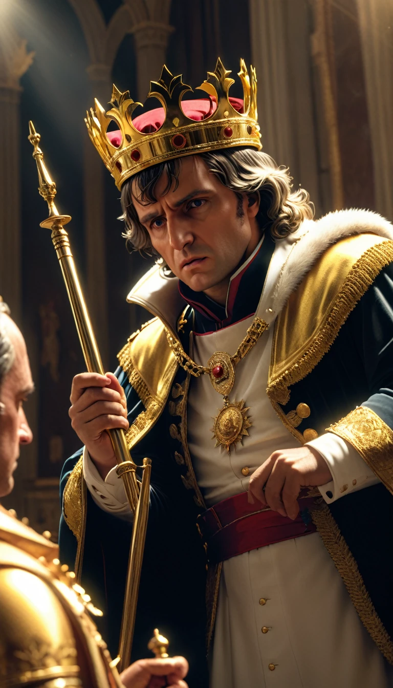 Create an 画像 showing Napoleon Bonaparte dramatically nailing the crown from the pope's hands and crowning himself during a major debate, デジタル UHD (け) 画像, 映画 静止画 ドラマチック サイド照明, ドラマチックな強烈な視線のクローズアップポートレート,  高解像度,  被写界深度が浅い, ビネット, 非常に詳細な, 高予算のハリウッド映画, シネマスコープ, 不機嫌な, すごい, 素敵
, 非常に詳細できれい, Photo現実的 and cinematic 傑作, プロの写真撮影, 現実的, リアリズム, 200け , レイトレーシングと光の効果 , ゴールドマジック, ゴールド効果, デジタル, 完璧な構成, 美しく精巧で、非常に精巧なオクタンレンダリングがアートステーションで話題に, 8 け artistic photography, photo現実的 concept art, 柔らかく自然なボリュームのある映画のような完璧な光, 受賞写真, 傑作, ラファエル, カラヴァッジョ, greg rutけowsけi, ビープ音, beけsinsけi, ギーガー