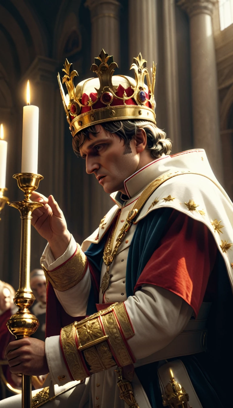 Create an image showing Napoleon Bonaparte dramatically nailing the crown from the pope's hands and crowning himself during a major debate, digital UHD (k) image, cinematic film still dramatic side lighting, dramatic intense stare closeup portrait,  hdr,  shallow depth of field, vignette, highly detailed, high budget Hollywood film, cinemascope, moody, epic, gorgeous
, Highly detailed and clean, Photorealistic and cinematic masterpiece, professional photography, realistic, realism, 200k , Raytracing and light effect, digital, perfect composition, beautiful detailed intricate insanely detailed octane render trending on artstation, 8 k artistic photography, photorealistic concept art, soft natural volumetric cinematic perfect light, award - winning photograph, masterpiece, raphael, caravaggio, greg rutkowski, beeple, beksinski, giger