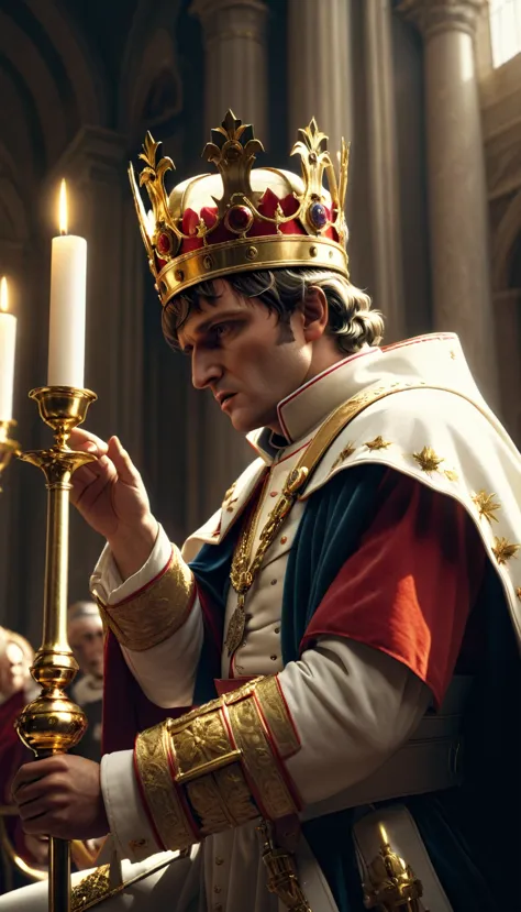 Create an image showing Napoleon Bonaparte dramatically nailing the crown from the pope's hands and crowning himself during a ma...