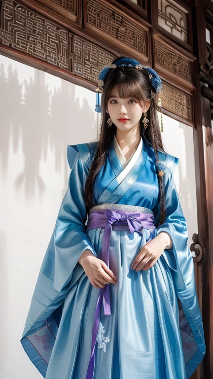 Uma mulher na casa dos 50 anos vestida com um vestido azul em pé em frente a uma parede branca, Hanfu, Hanboks, korean Hanboks, Palácio ， uma garota em hanfu, quimono, roupa tradicional, Hanfu branco, vestindo roupas chinesas antigas, vestido tradicional, traje tradicional, Hanboks apron, 8K)), 中国のtraje tradicional, Mulheres coreanas, Robe Clássico