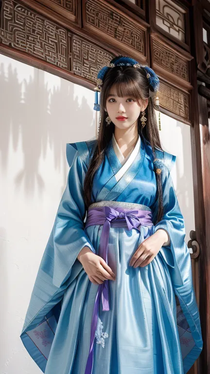 A woman in her 50s wearing a blue dress standing in front of a white wall, Hanfu, hanbok, korean hanbok, palace ， a girl in Hanf...