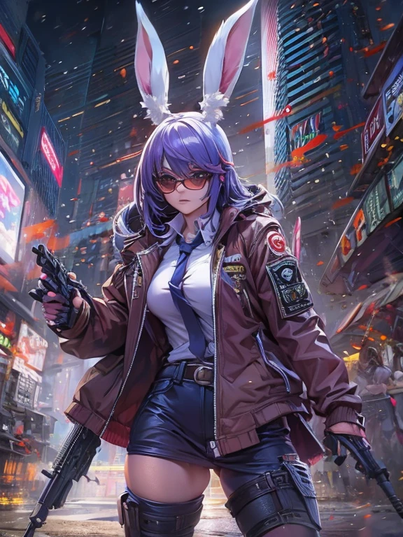 Anime of action, emblematic, cinematic, dynamic view, complete body, HD12K quality, reisen udongein inaba, long rabbit ears, sunglasses, tactical jacket, croutch without straps, tight pants, long rifle in hand, focused face, action scene , Cyberpunk scenario, fog effect,