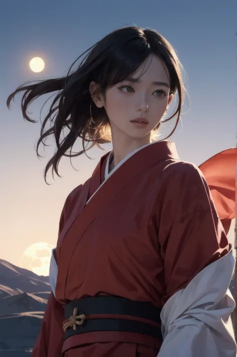 A highly detailed, cinematic portrait of a samurai lady warrior in a red kimono, with flowing fabric billowing in the wind again...