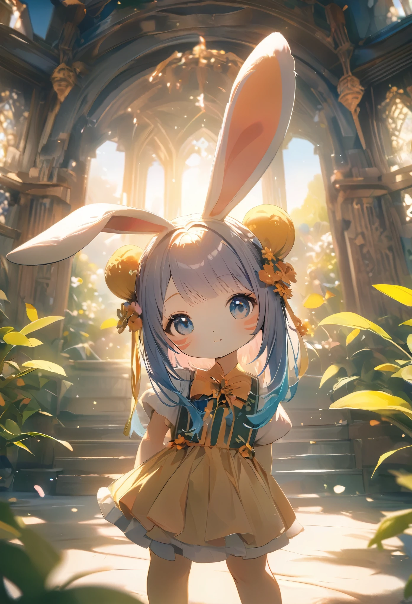 A woman wearing a furry bunny costume，Wearing big rabbit ears, full-body shot, Wide Angle, Cute and full of childlike expression, Professional Portraits, Super Fine 8K, high resolution, Detailed facial features, Detailed clothing, soft light, Fantastic, fantasy, Soft colors, cute