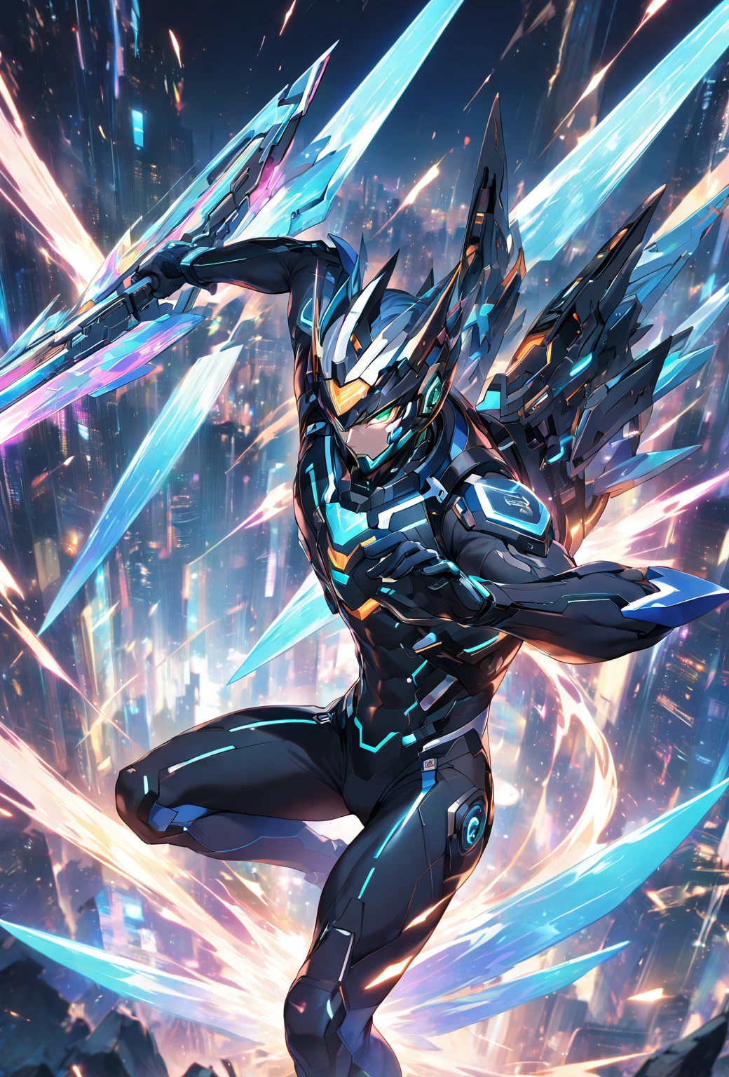 A dynamic male character in a futuristic black and blue cyber suit with glowing LED lines, short spiky blue hair, and sharp green eyes. He is tall, muscular, and has an energy backpack on his back. The character is in a combat pose, wielding energy blades, with a serious and focused expression. The background is a digital cityscape with floating holographic elements and light effects, representing a cybernetic world.,Battle Style,Dynamic Pose,cool,The best composition,Intricate details,Very detailed,Disorganized,Anatomically correct