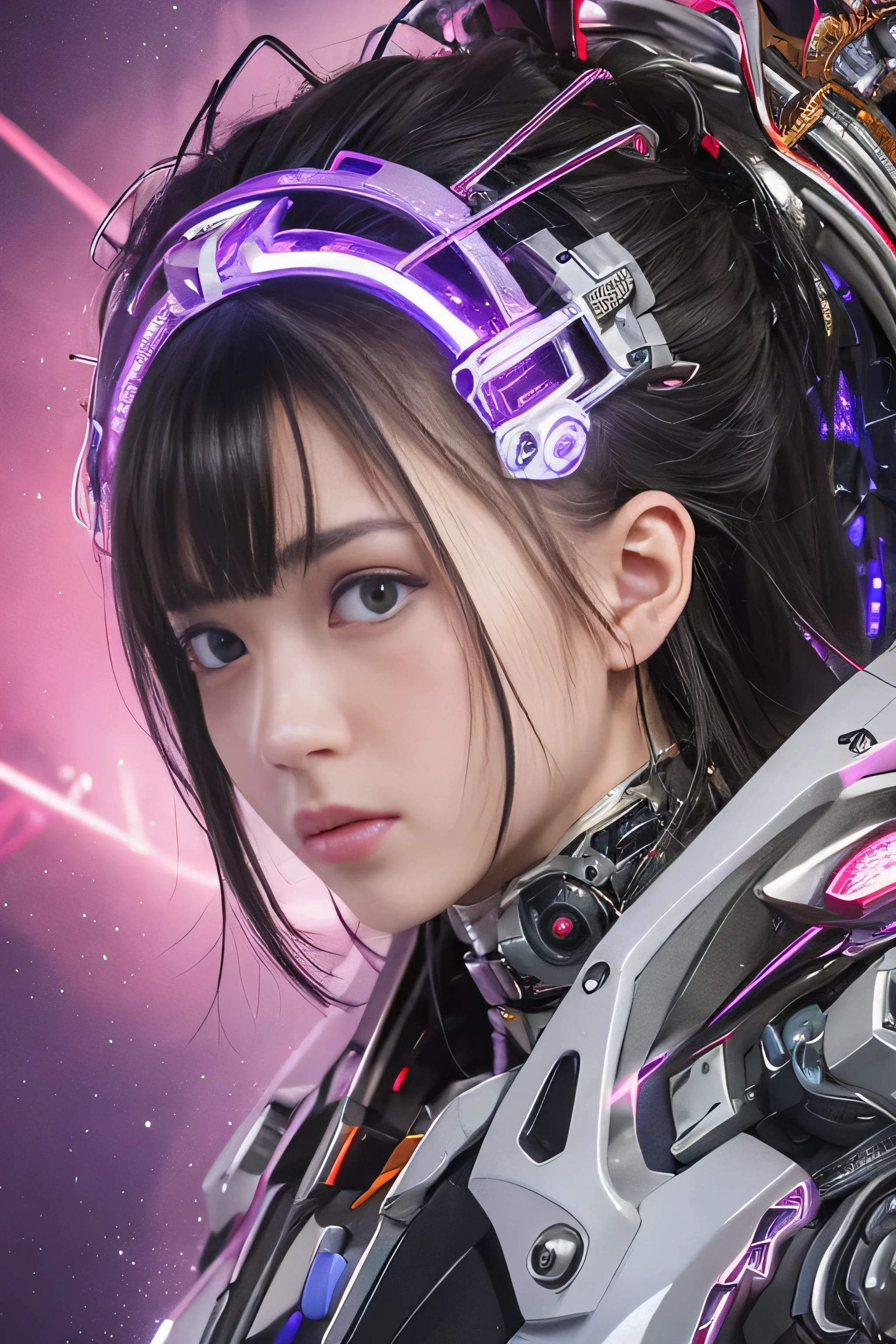 (RAW quality:1.4), highest quality, masterpiece, Ultra-high resolution, (Realistic: 1.4), RAW Photos, Mechanized girl 1 person, Japanese, 14 years old, Black Hair, Glowing Skin, 1. Mechanical Girl, (Ultra-Realistic Details)), Portraiture, Global Illumination, Shadow, Octane Rendering, 8k, Ultra Sharp, Huge Bust, Underboo Boo, Bare skin exposed from cleavage, Metal, Intricate decorative details, Very intricate detail, Realistic Light, CGSoation Trend, Purple eyes, Glowing Eyes, To the camera, Neon Details, Mechanical Limbs, Blood vessels connected to tubes, Mechanical vertebrae attached to the back, Mechanical cervical attachment to the neck, Sitting, Wires and cables connected to the head, Gundam, Small LED Lamp, Cowboy Shot,