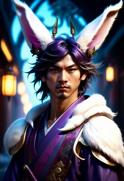 a cool boy with long fluffy rabbit ears, rabbit ears, badass samurai boy with rabbit ears intricate details, hdr, beautifully sh...