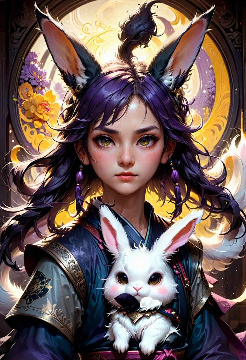 a cool boy with long fluffy rabbit ears, rabbit ears, Badass Samurai boy with rabbit ears intricate details, HDR, beautifully shot, hyperrealistic, sharp focus, megapixels, perfect composition, high contrast, cinematic, atmospheric, moody 8k resolution concept art by Greg Rutkowski dynamic lighting hyperdetailed intricately detailed Splash art trending on Artstation triadic colors Unreal Engine 5 volumetric lighting Alphonse Mucha WLOP, a masterpiece, 8k resolution, dark fantasy concept art, by Greg Rutkowski, dynamic lighting, hyperdetailed, intricately detailed, Splash screen art, trending on Artstation, deep color, Unreal Engine, volumetric lighting, Alphonse Mucha, Jordan Grimmer, purple and yellow complementary colours