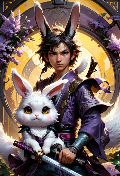 a cool boy with long fluffy rabbit ears, rabbit ears, badass samurai boy with rabbit ears intricate details, hdr, beautifully sh...