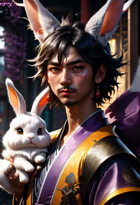 a cool boy with long fluffy rabbit ears, rabbit ears, badass samurai boy with rabbit ears intricate details, hdr, beautifully sh...