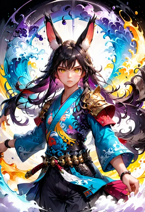 a cool boy with long fluffy rabbit ears, rabbit ears, badass samurai boy with rabbit ears intricate details, hdr, beautifully sh...