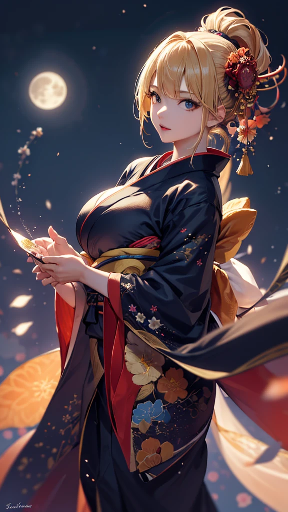 masterpiece, high quality, 4K, Beautiful design, silhouette，blonde， 非常に詳細な夜のStarry Sky,Flower Field， wonderful, Finer details,  Very knowledgeable woman, Highly detailed solo, 1 female,Big Breasts，Red colored kimono，Night view，Starry Sky，full moon，