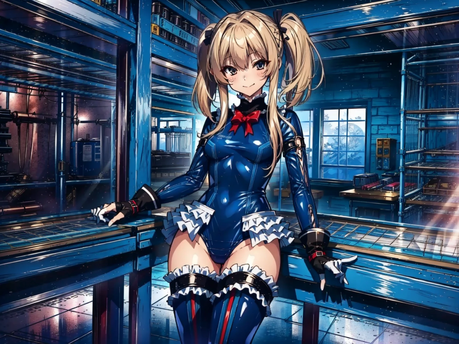 4K,Perfect Anatomy, highest quality, Marie Rose,Wicked Smile,Provocative attitude
,,Wicked Smile,Anime Style,(Ruffled swimsuit, Knee socks, Removed sleeve), (Anime Style:1.4) ,
,(White fingers:1.1,Black gloves),
Hollow Eyes,whole body,Three Girls、(In the research facility:1.4)
